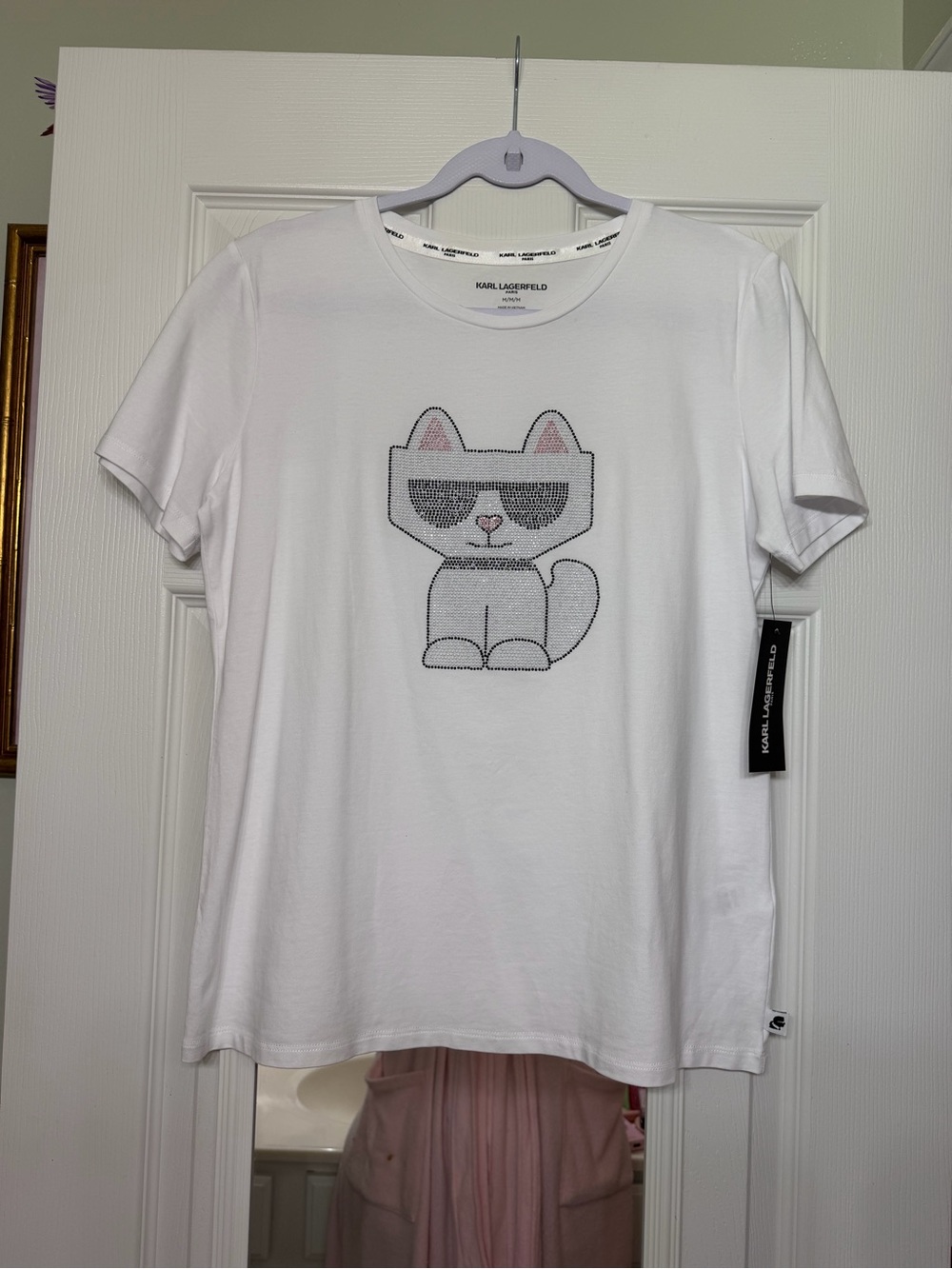 Karl Lagerfeld White Cat Rhinestone Tee with Pink Ear Accents NWT